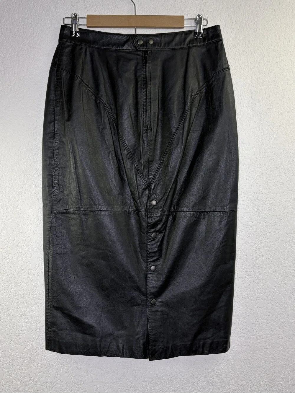 Vintage Greg Adams 80's Black Leather Button Split Skirt 13/14